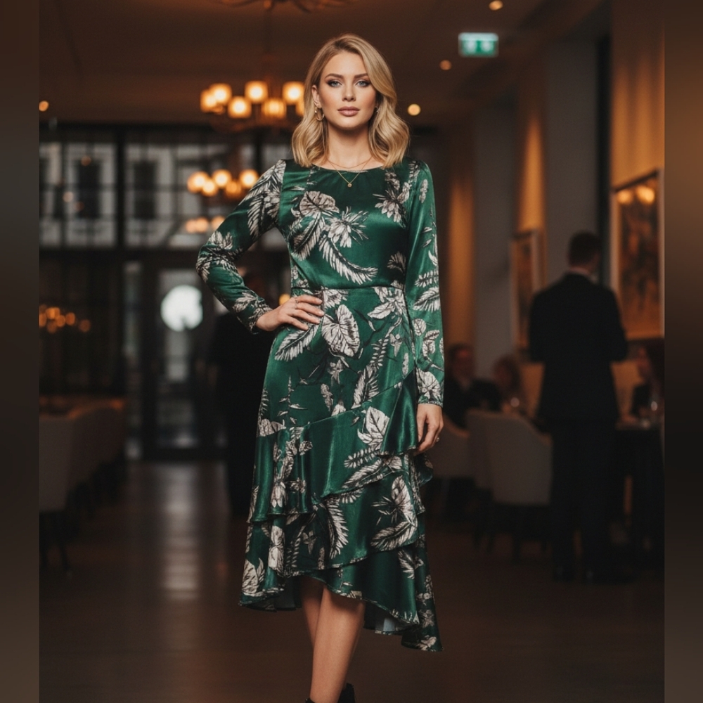 NWT Marchesa Notte green floral ruffle Midi dress 2